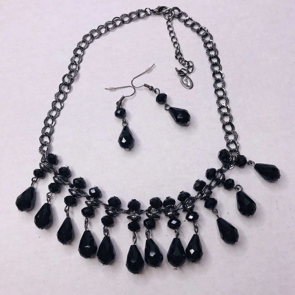 CG Necklace Earrings Set Black Dangle Bead Faceted Etched‎ Links Gunmetal Grey